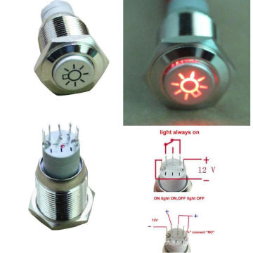 Interruptor de botão de metal LED de 16 mm 12 V, interruptor de botão iluminado de anel Momentay